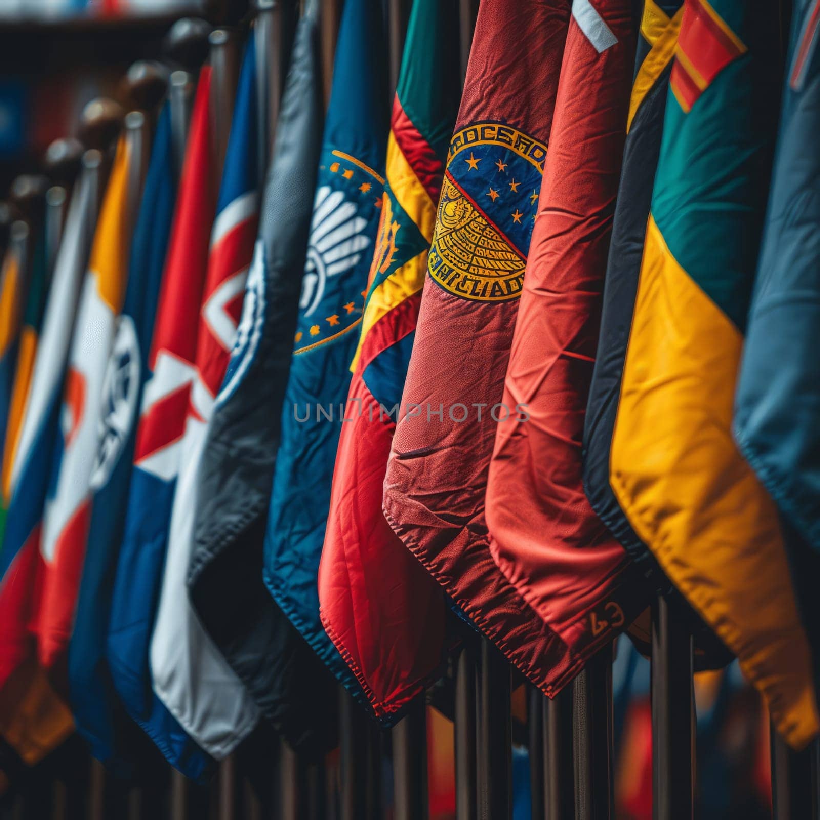 Close-up of several flags located side by side .