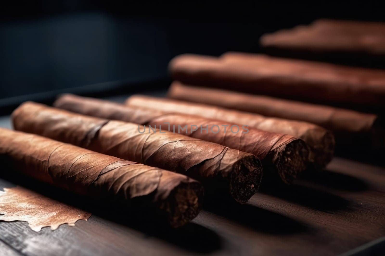 Artisan Cigar Collection. A close-up view of a row of handmade cigars on a dark backdrop, emphasizing their textured craftsmanship. Copy space.