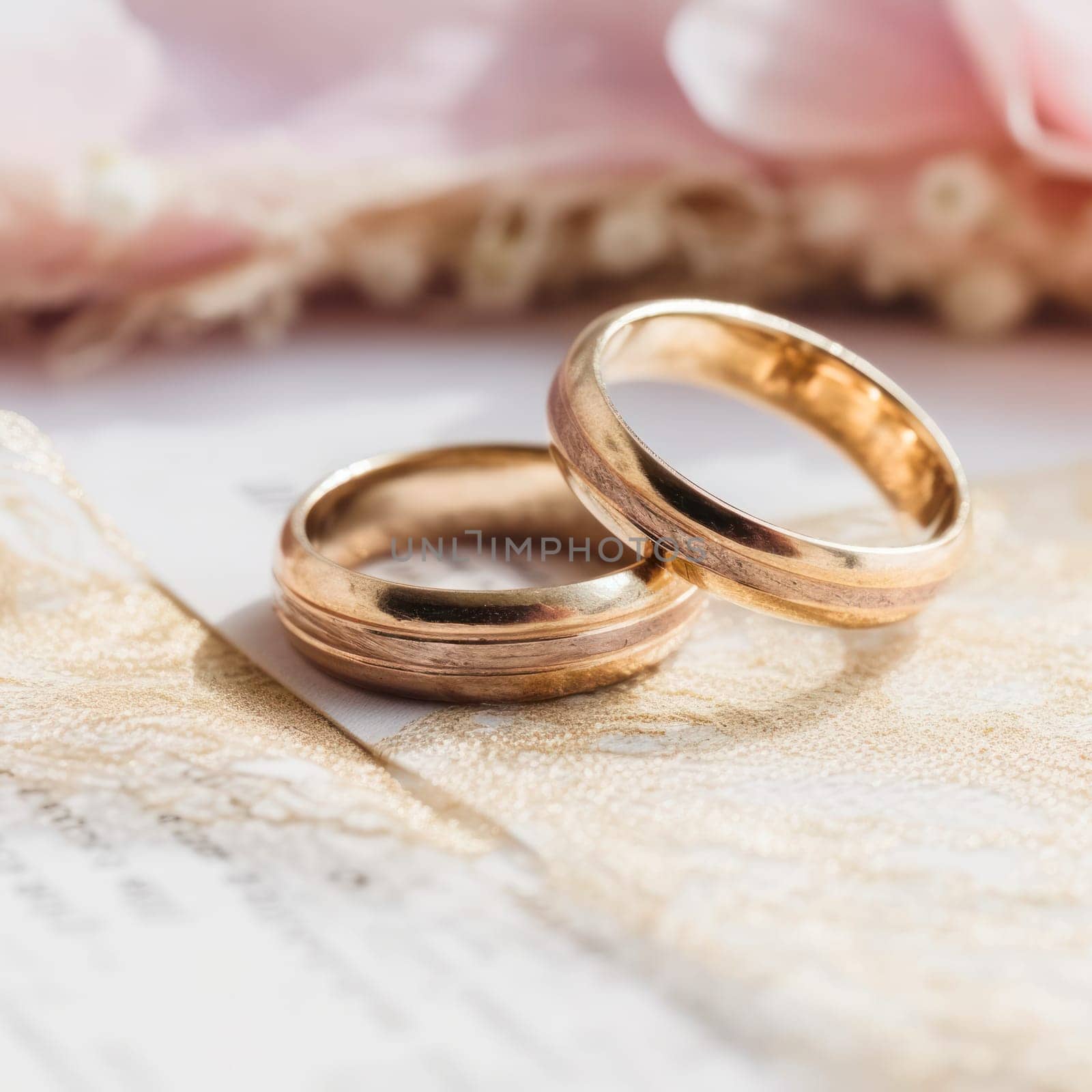 Wedding rings, close-up on a light background with flowers.postcard or invitation to a celebration.