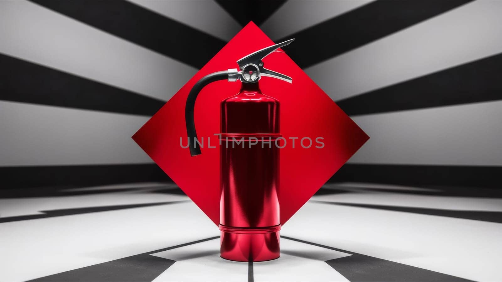 Shiny red fire extinguisher on a black and white geometric background with dramatic lighting. Perfect for concept art or security campaigns. Raising awareness of safety
