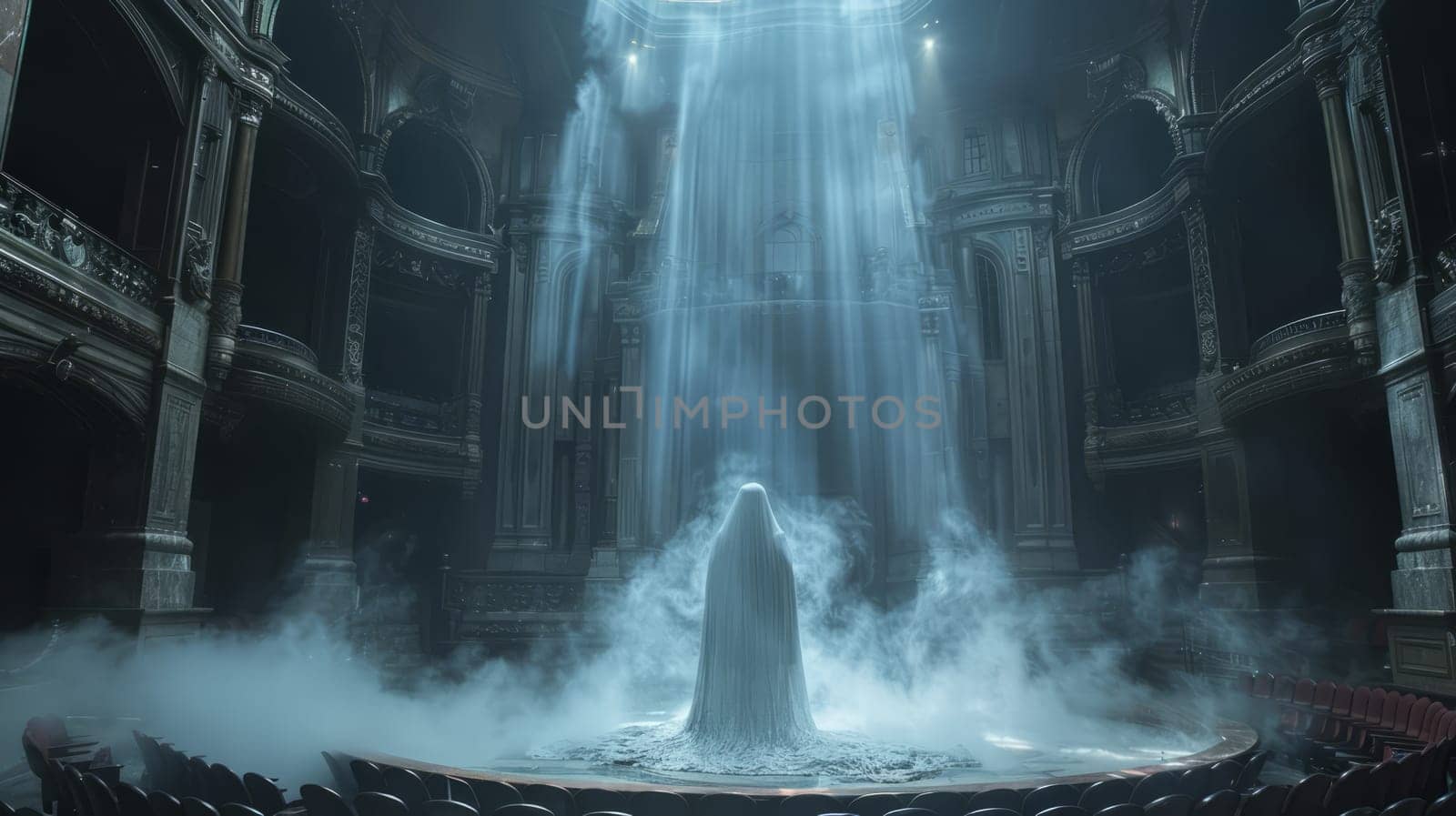 A lonely ghost figure hovers in the center of the theater stage. The hall is dark, the only source of light is the moonbeams penetrating through the window above.