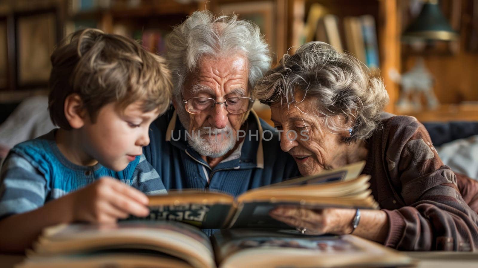 the grandparents look at old photos with their grandson