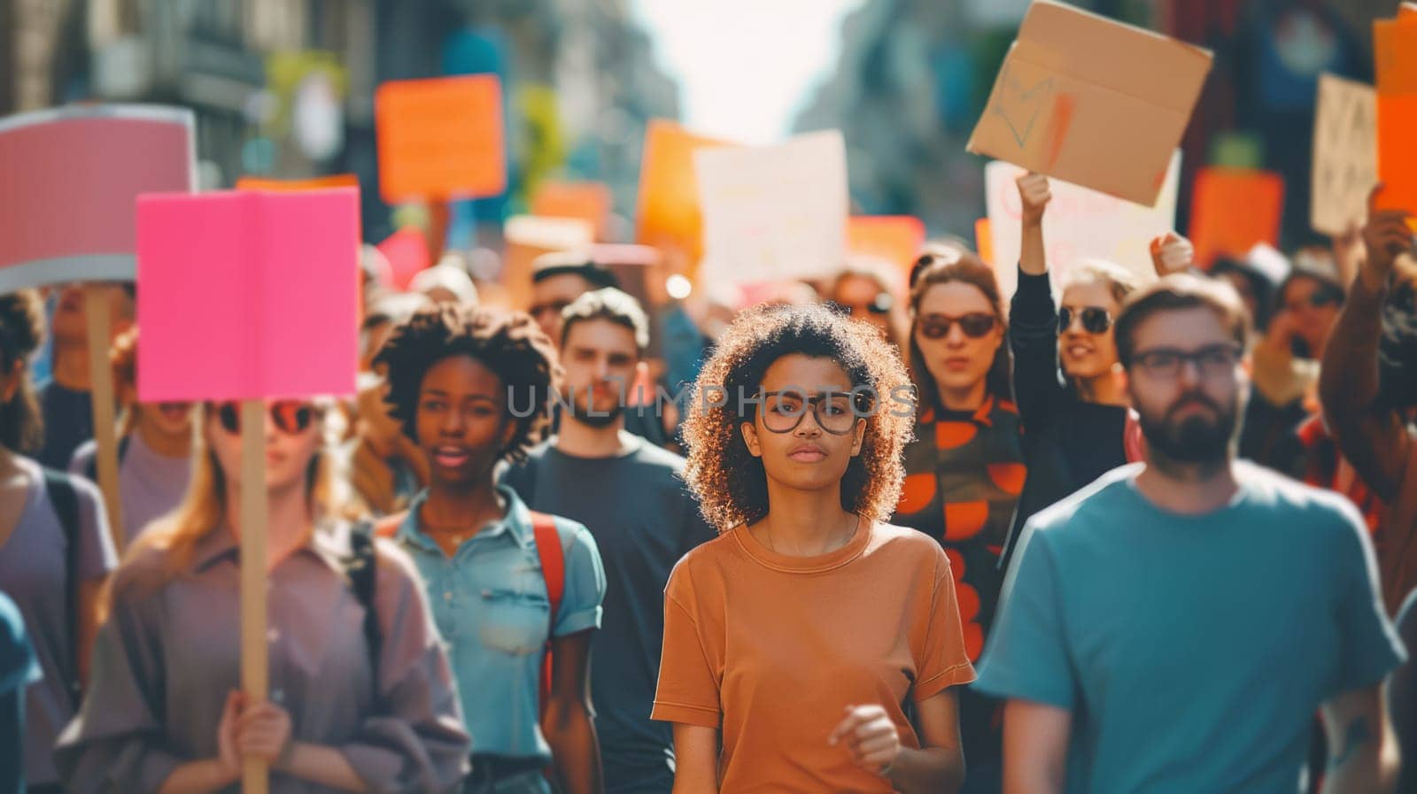 A group of people march along with multi-colored signs during a protest. unity, determination and energy.copy space