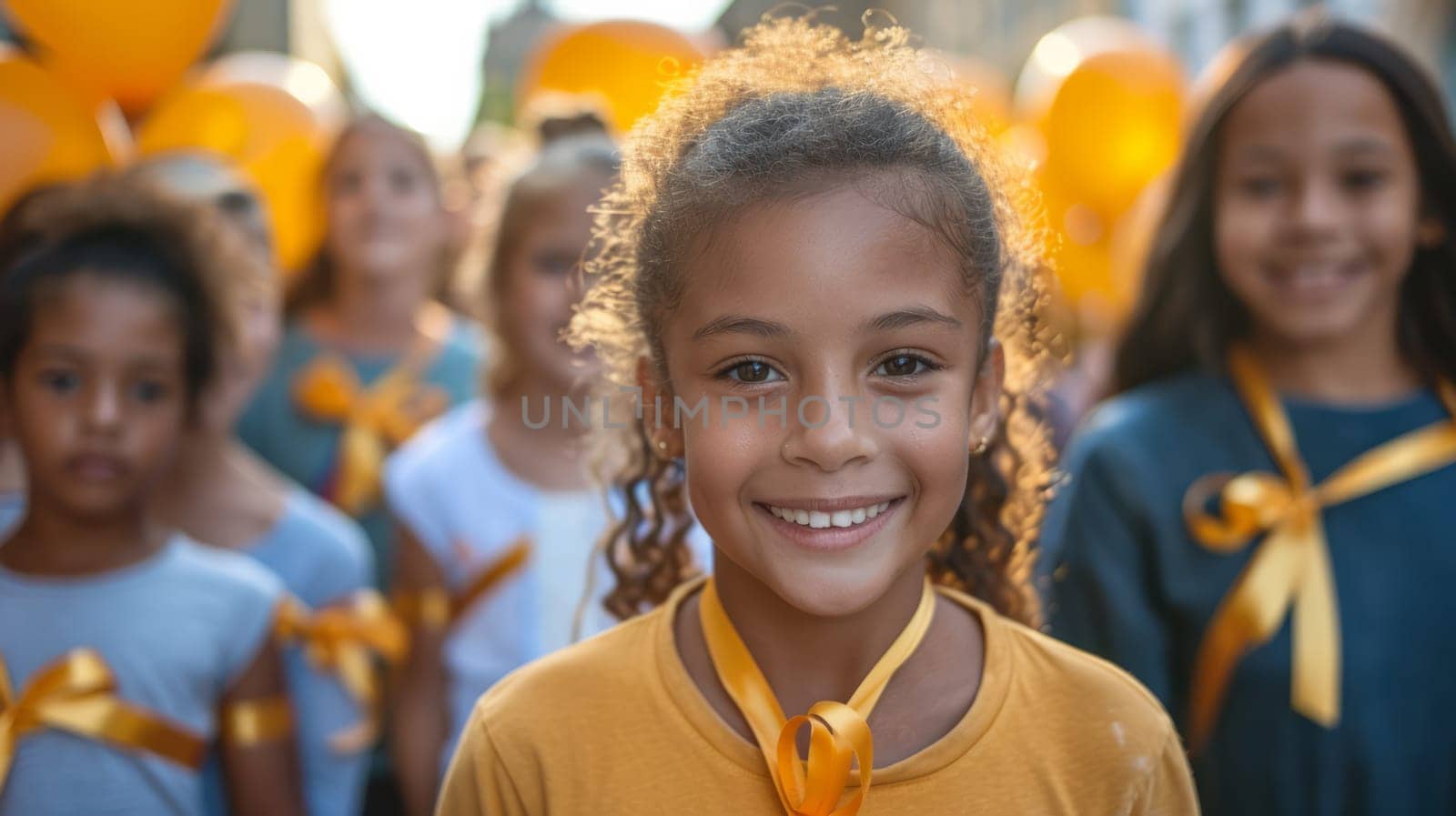 Childhood Cancer Month Event. A group of children with golden ribbons and balloons participates in the event