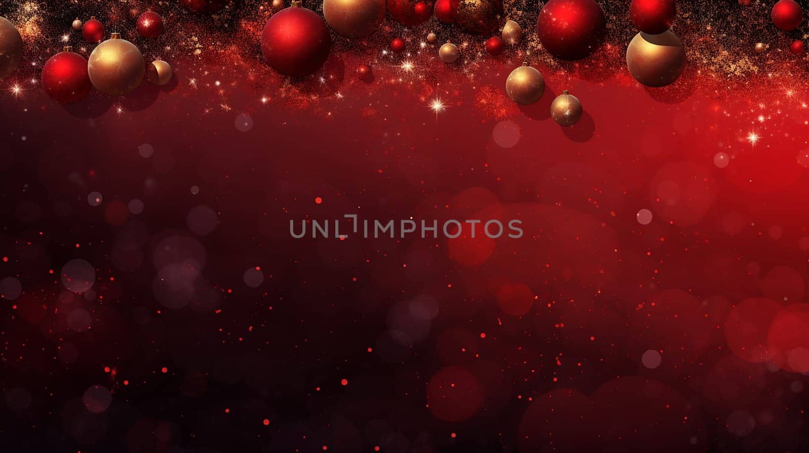 Red and Gold Holiday Decorations with Bokeh Background.A holiday scene featuring red and gold holiday decorations against a rich red bokeh background