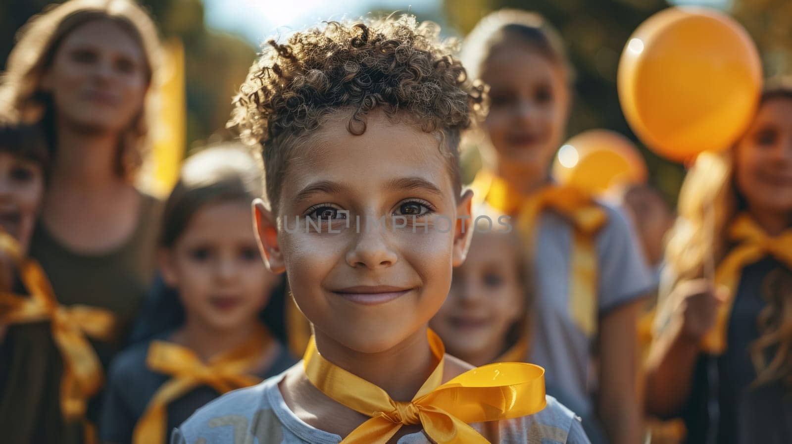Childhood Cancer Month. Children and adults with gold ribbons and balloons at the event.
