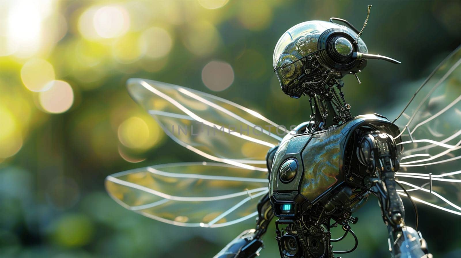 High-tech futuristic robot fairy against the backdrop of nature, fictional plot.