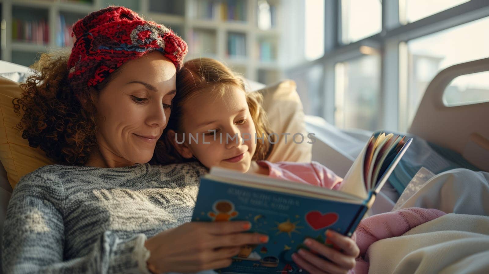 A volunteer reads a book to a child undergoing cancer treatment in a bright and supportive hospital.the concept of care and support