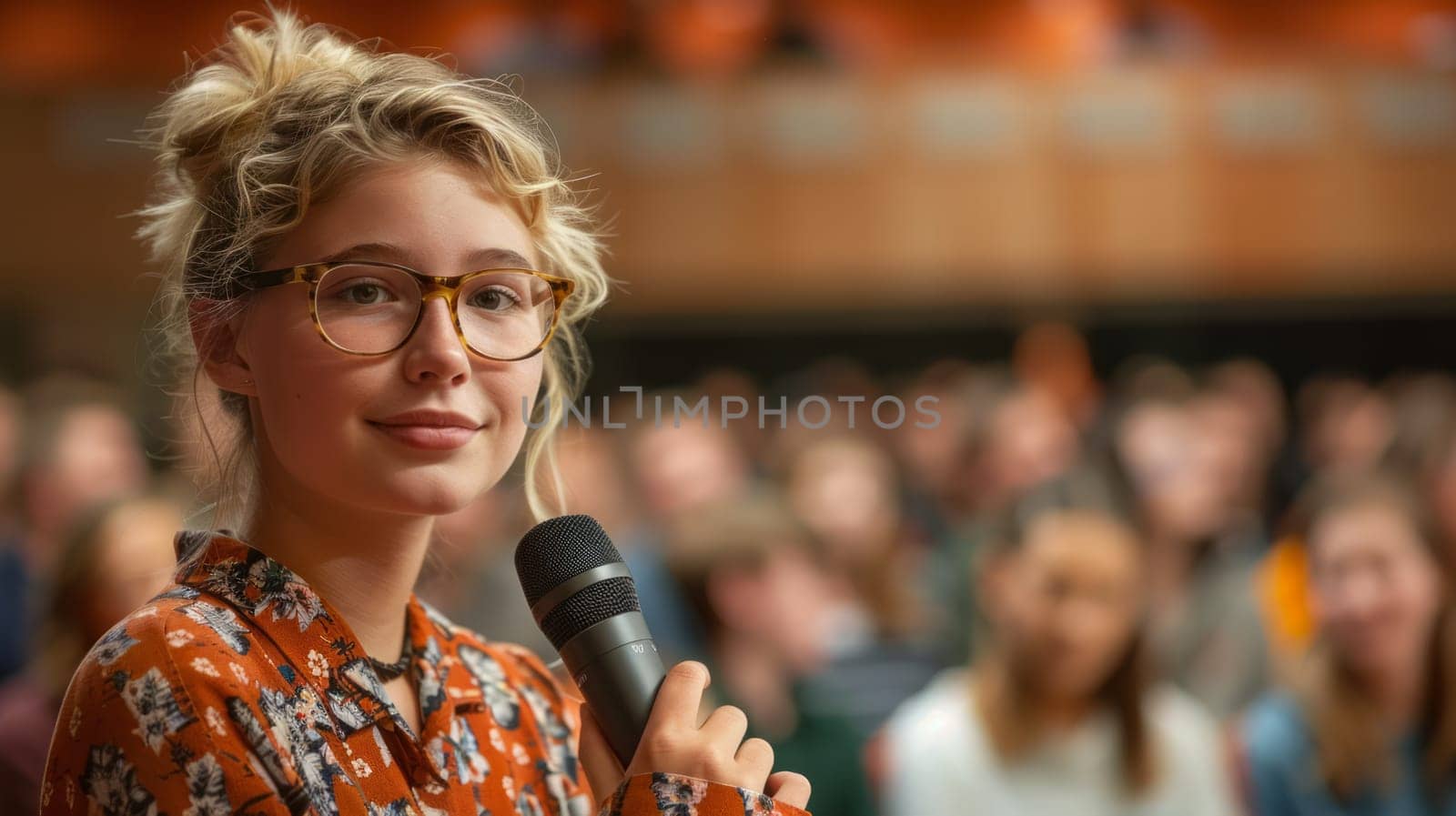 A young woman wearing glasses and holding a microphone confidently speaks to an engaged audience. Motivational speech, presentation or educational conversation.