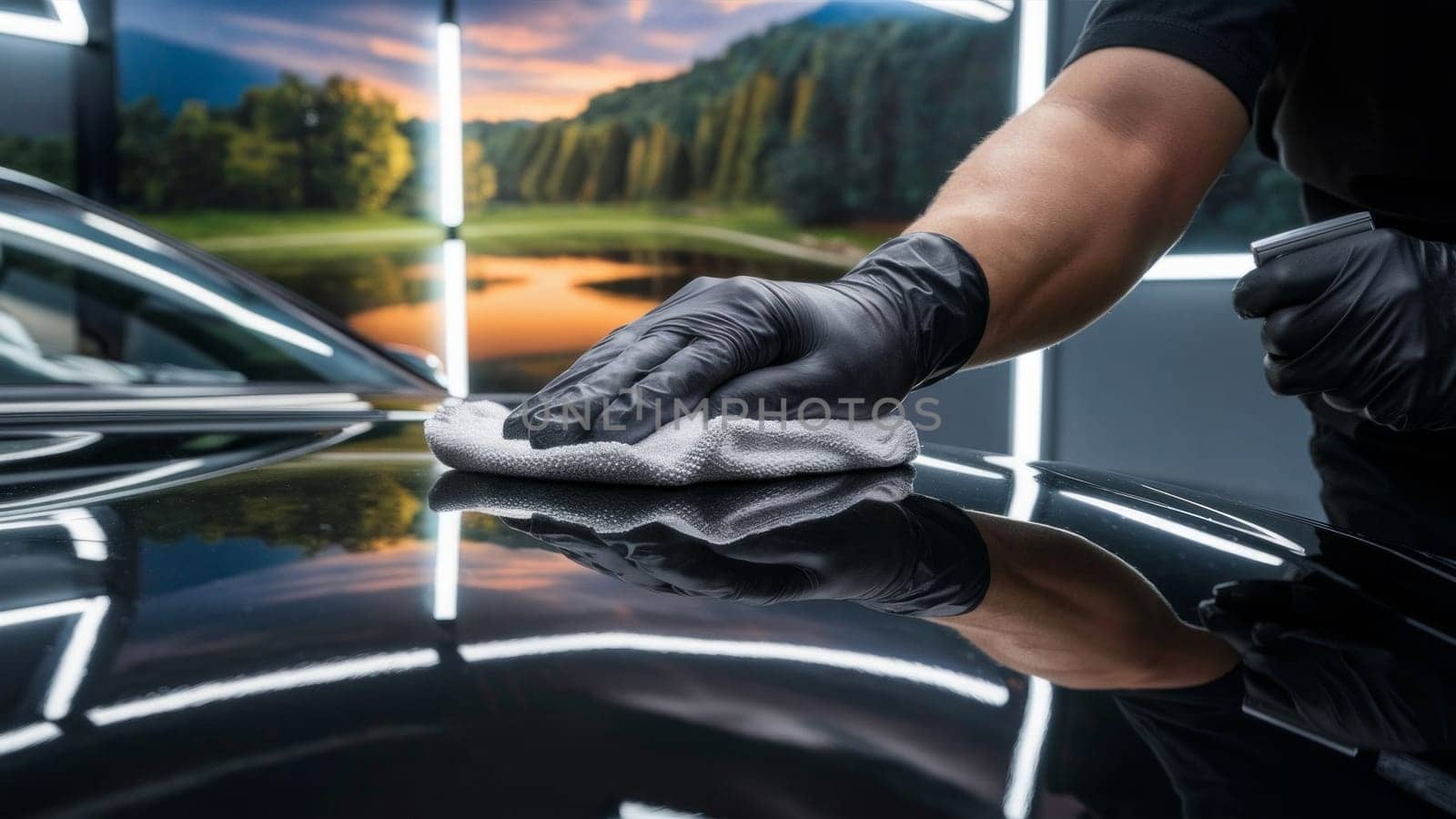 Close-up of a man's gloved hand wiping a car with a microfiber cloth, against a scenic background.