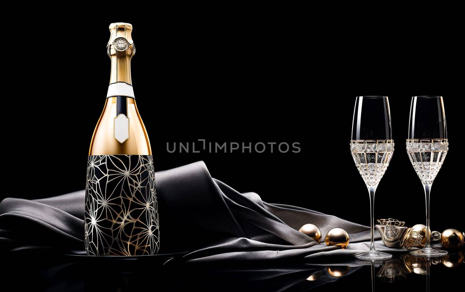 Exquisite champagne bottle with two elegant glasses on a sleek black background evokes a sense of luxury and celebration. Copy space