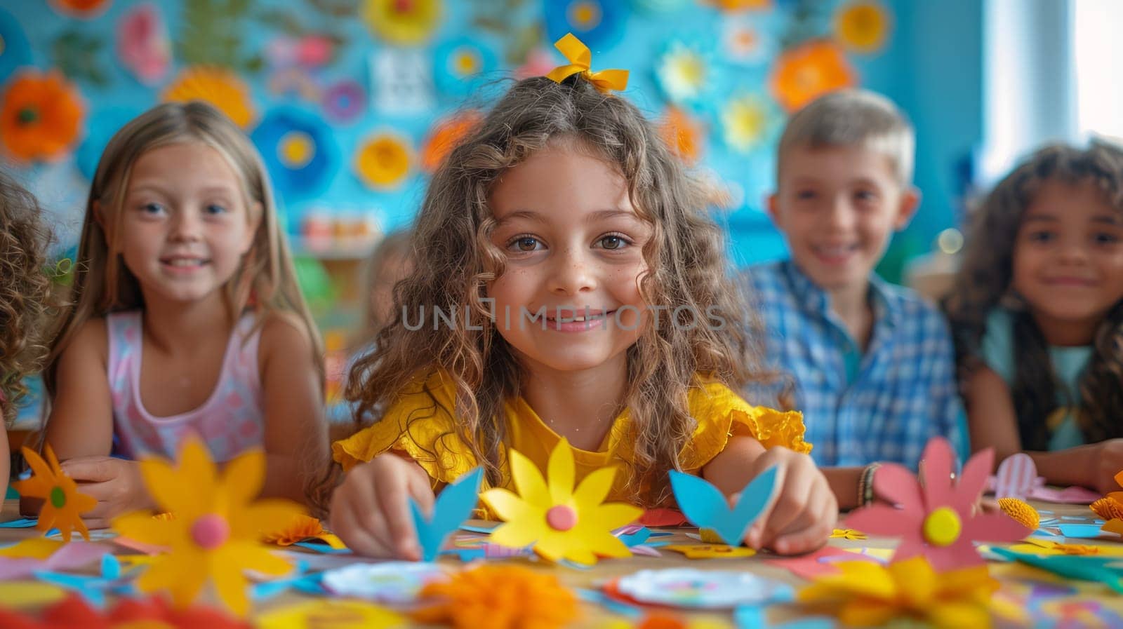 A group of happy children engage in a craft activity, creating colorful paper flowers in a vibrant classroom.