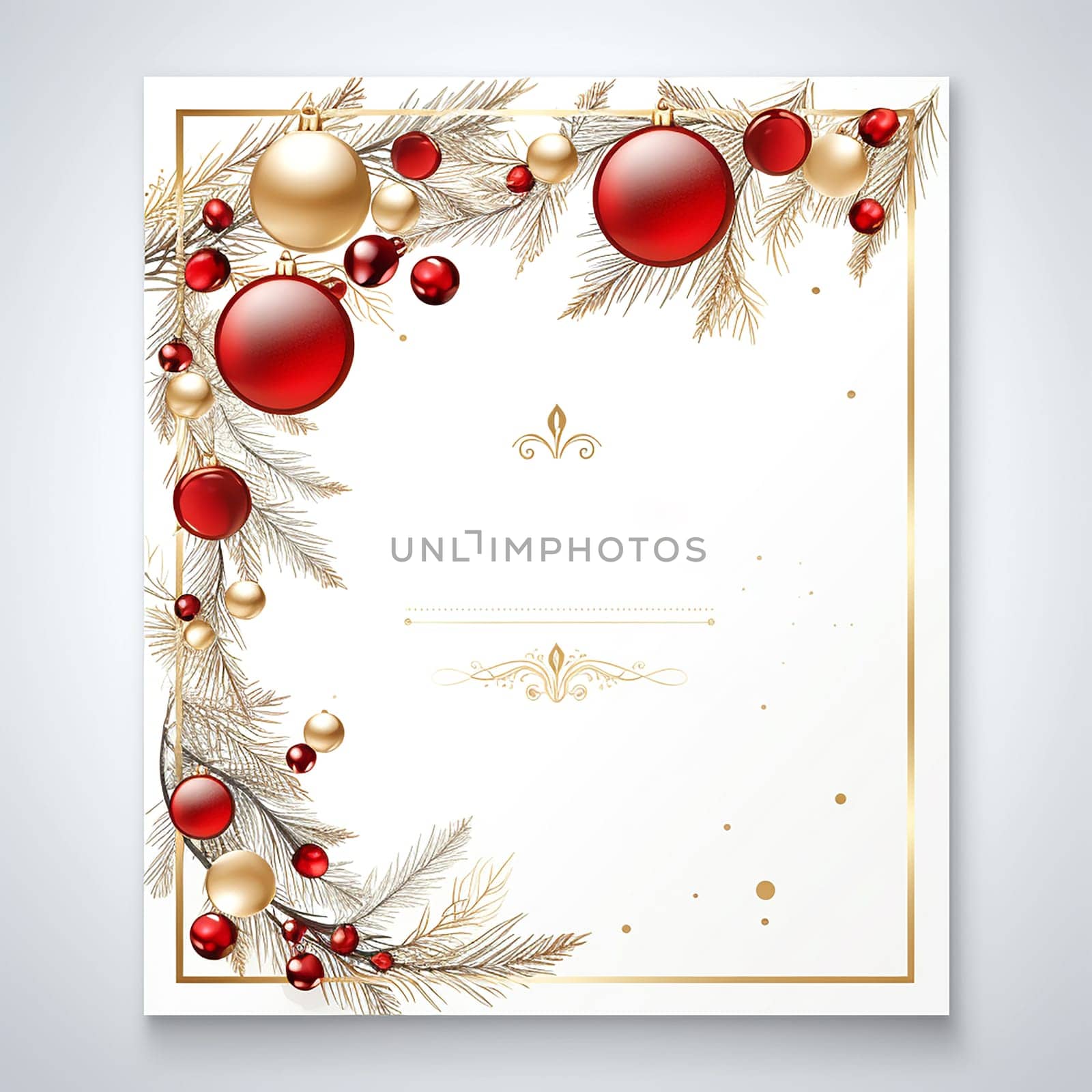 A blank Christmas card with an elegant border of red and gold ornaments and pine branches, offering plenty of copy space for personalized messages or branding.