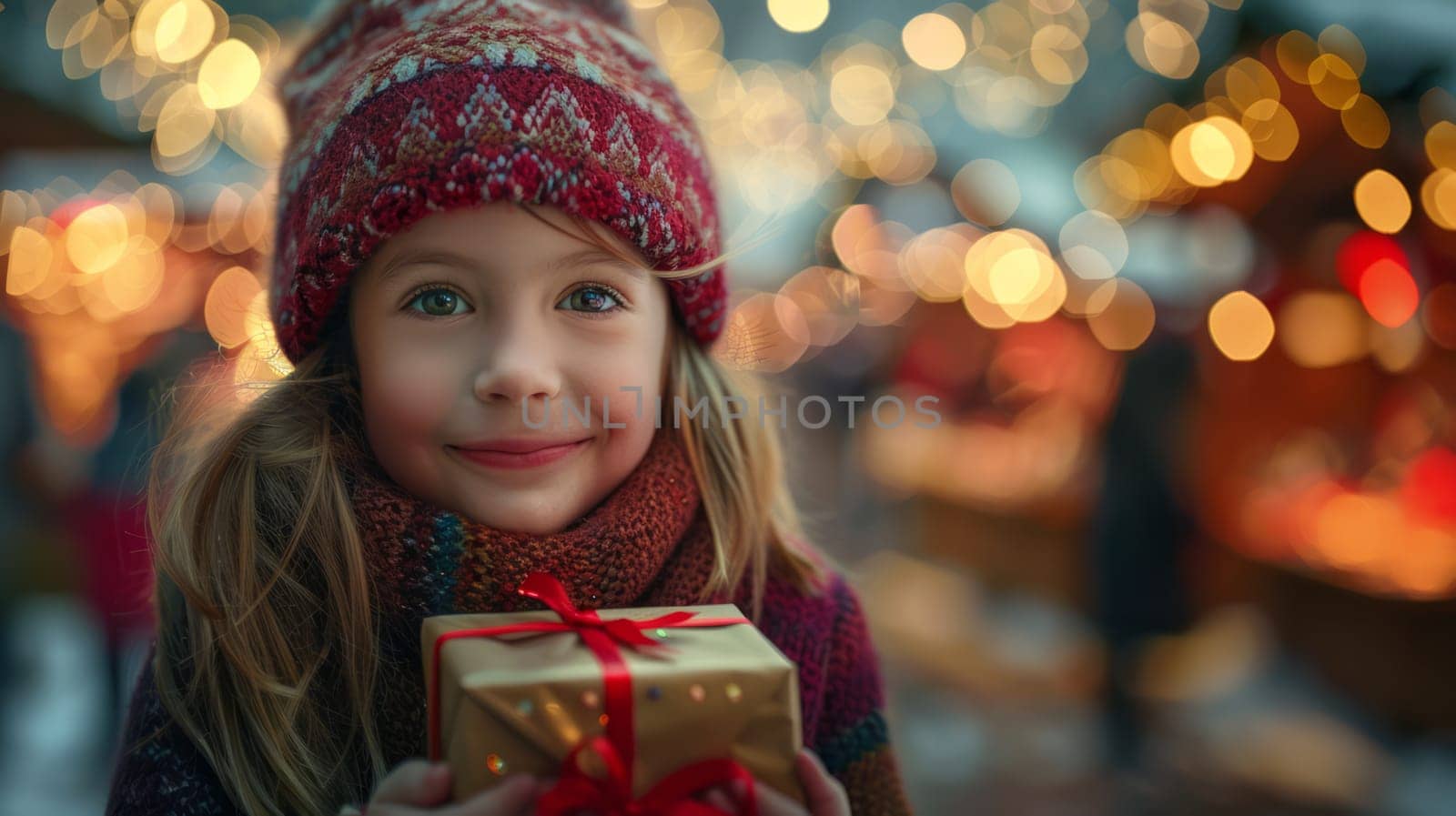 A girl holds a beautifully wrapped gift at a Christmas market, behind which the lights twinkle.