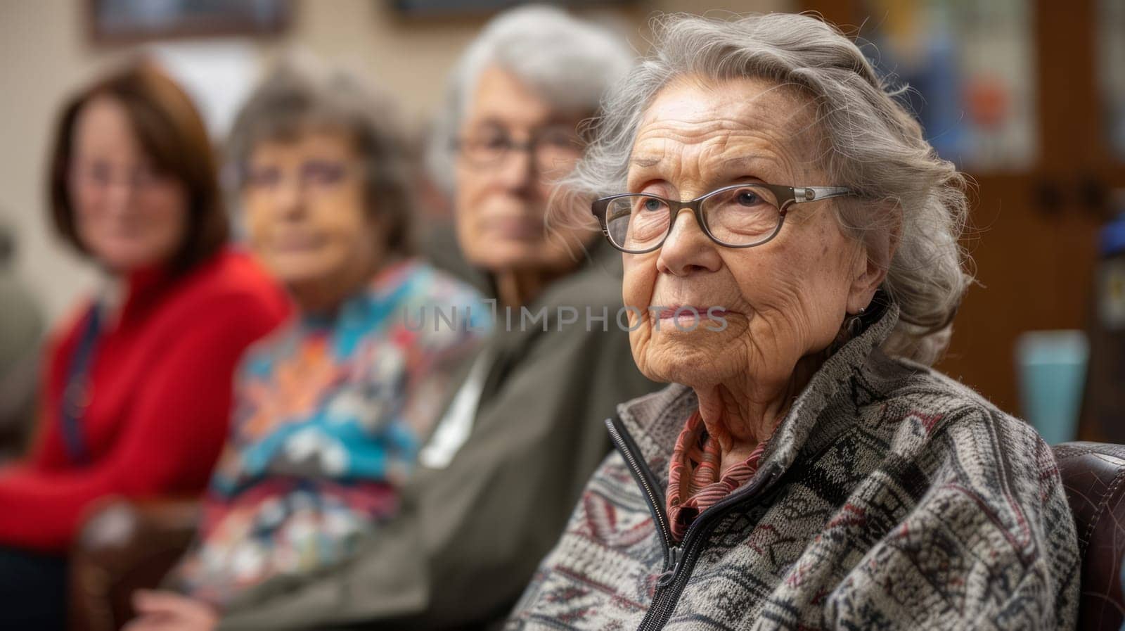 A group of older women sitting together in a public place, one woman in the foreground. senior community.