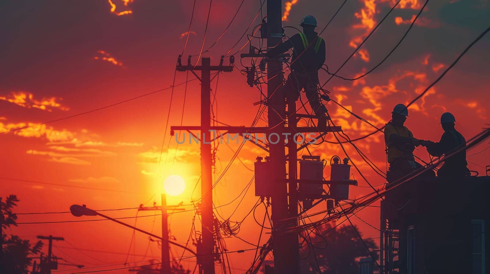 Silhouettes of workers performing maintenance on power lines, against the background of the setting sun.
