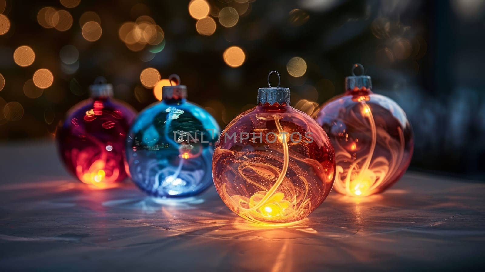 Glowing glass Christmas balls. Festive Christmas balls with sequins and bokeh