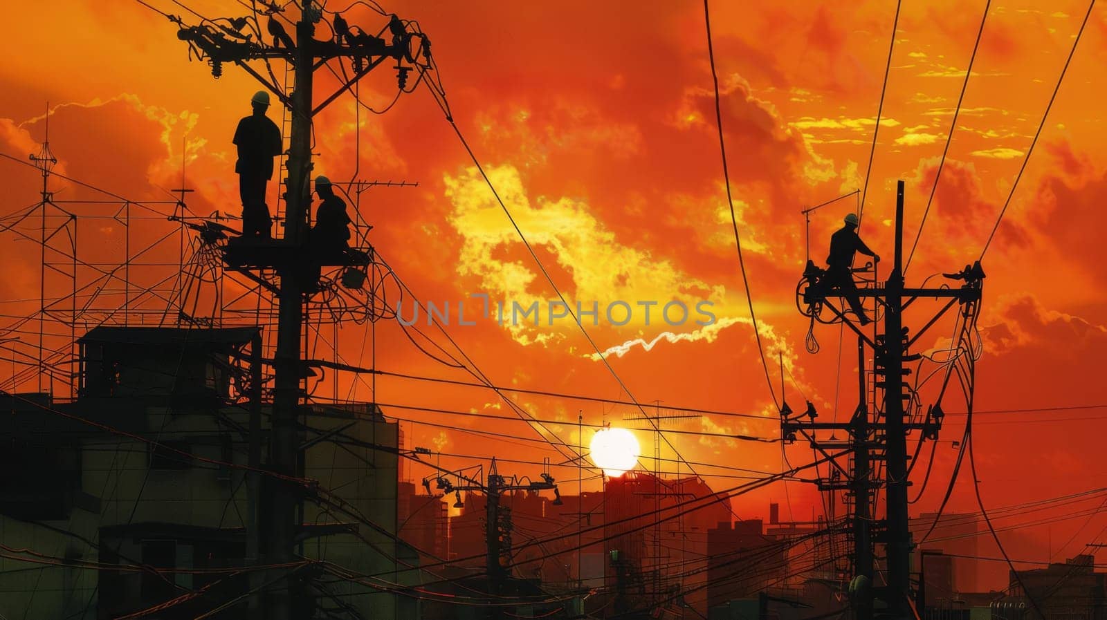 Silhouettes of workers are seen on power lines performing maintenance against a dramatic, fiery sunset.