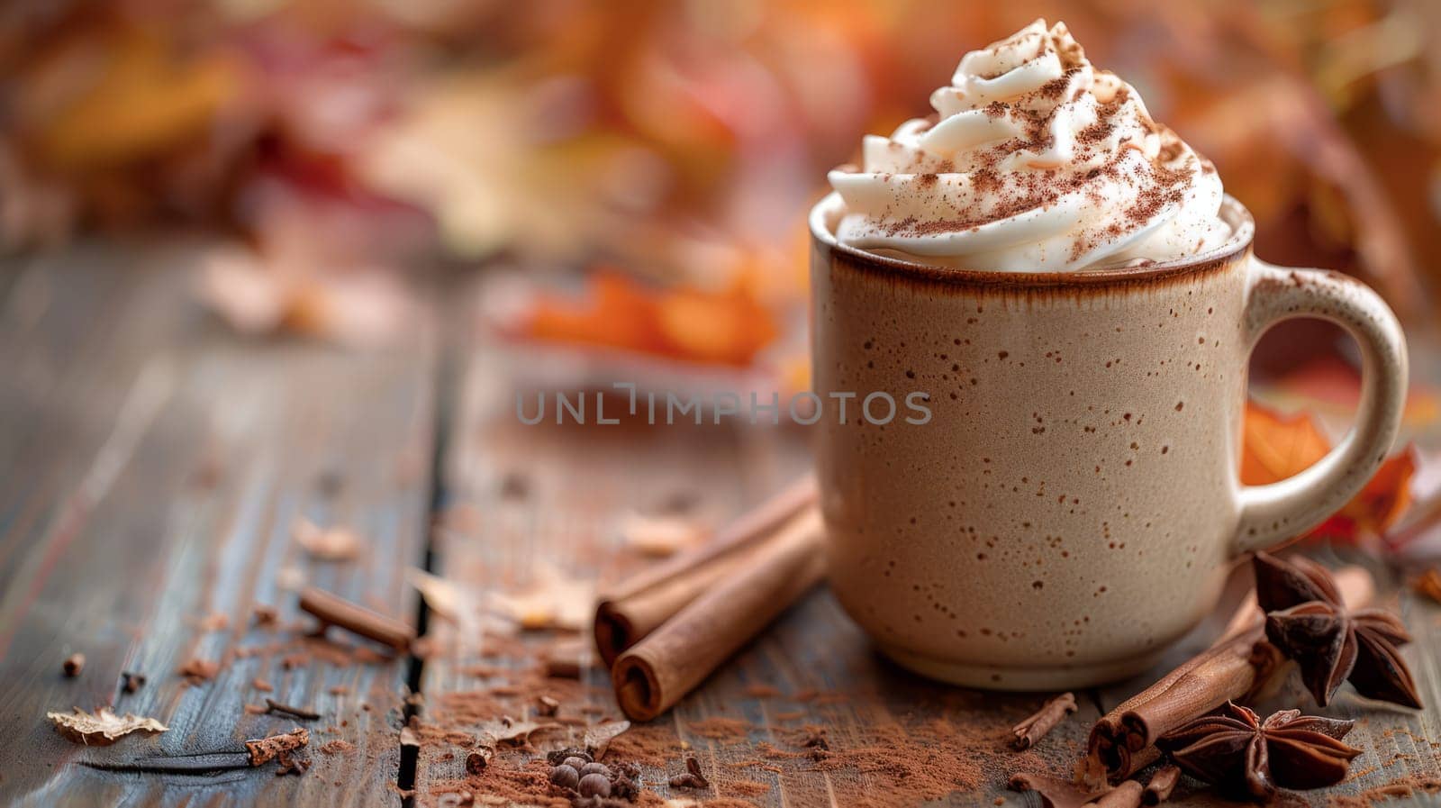 A cup of hot cocoa with whipped cream surrounded by cinnamon sticks, autumn leaves on a wooden table in the garden