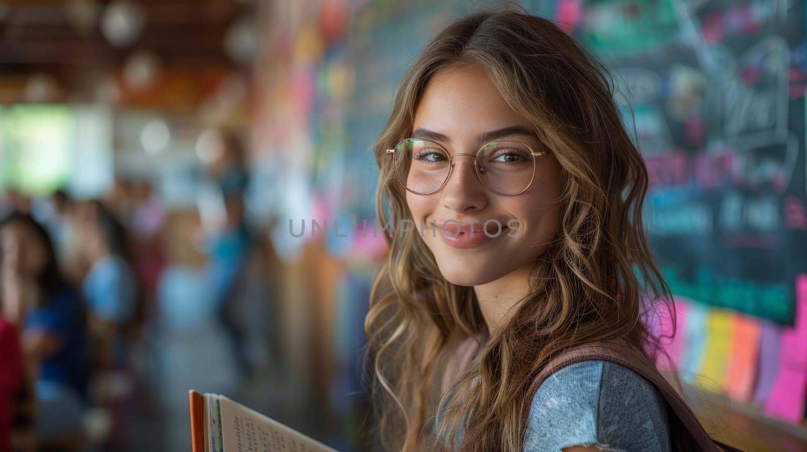 Friendly female teacher in school classroom, holding book and smiling at her students, colorful posters and chalkboard in the background
