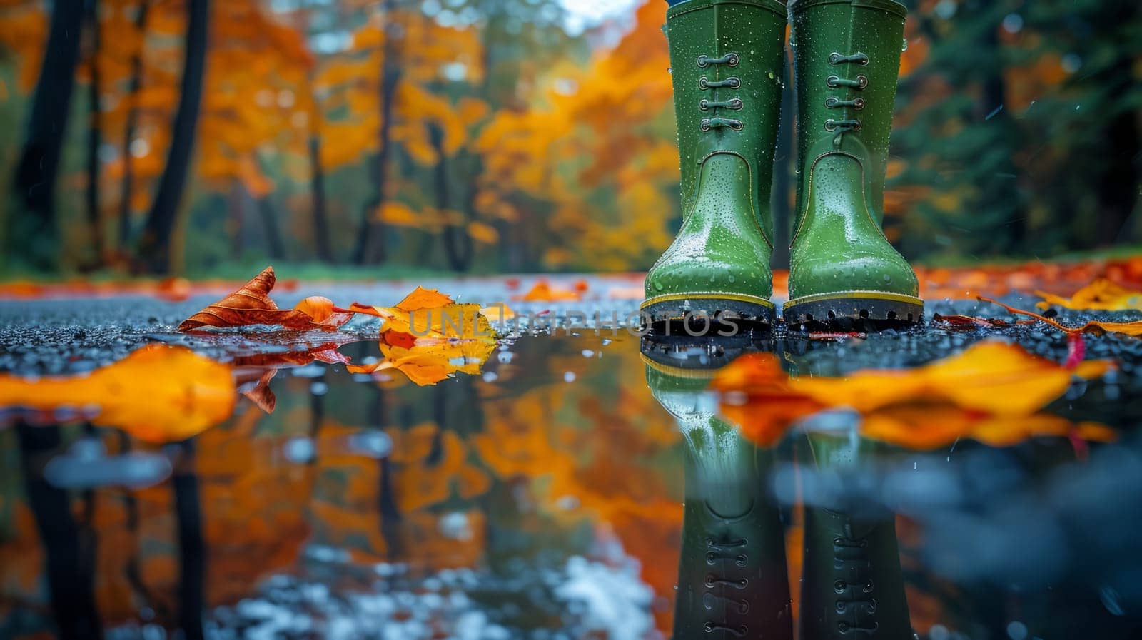 A pair of green rain boots on a path, in a puddle, on the blurred background of an autumn park.copy space