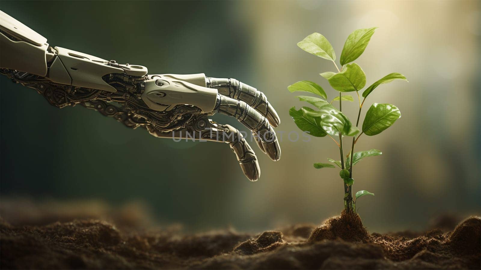 A robotic arm carefully approaches a young plant, symbolizing the synergy between technology and nature. Generated by Artificial Intelligence