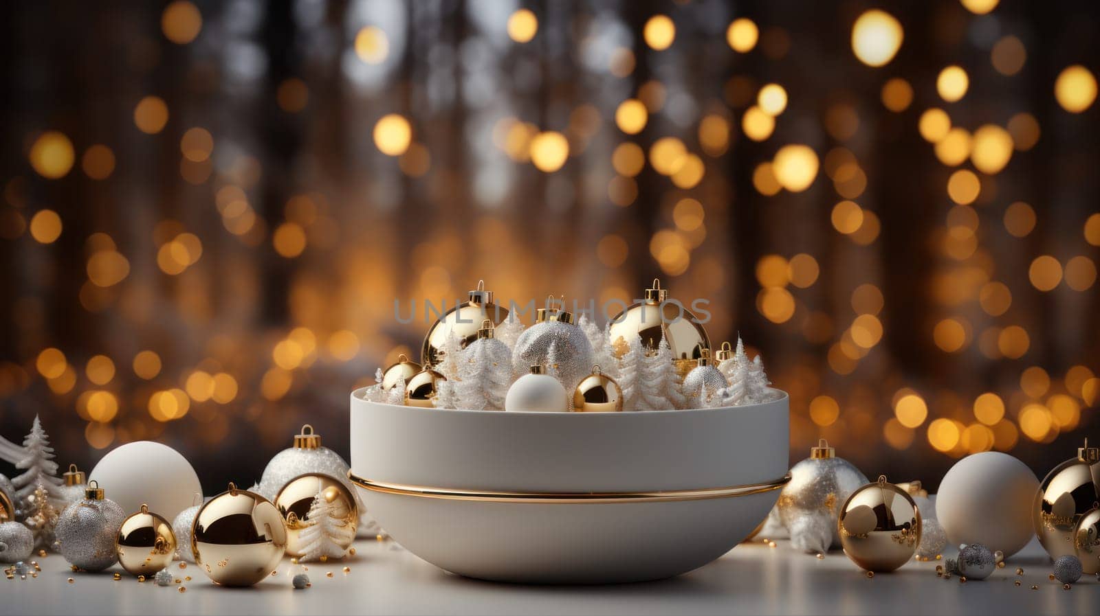 Winter background with white Christmas balls on a blurred background of Christmas trees with illumination