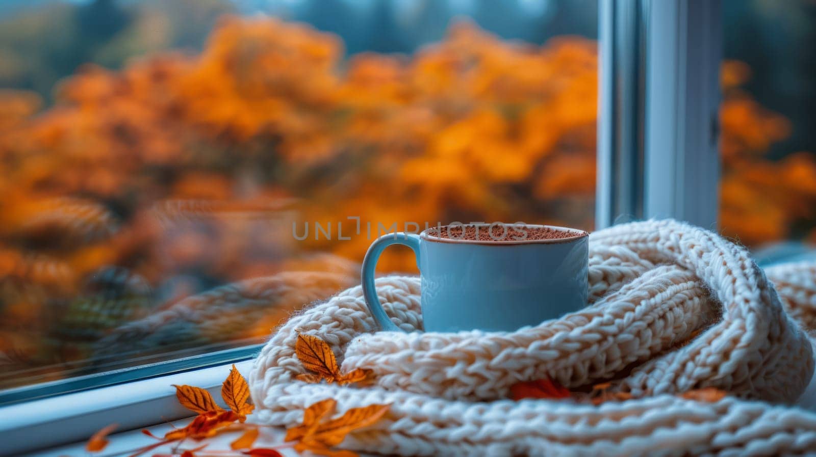 Warm white knitted scarf around a cup of hot cocoa with chocolate on the windowsill and autumn leaves outside the window in the background.