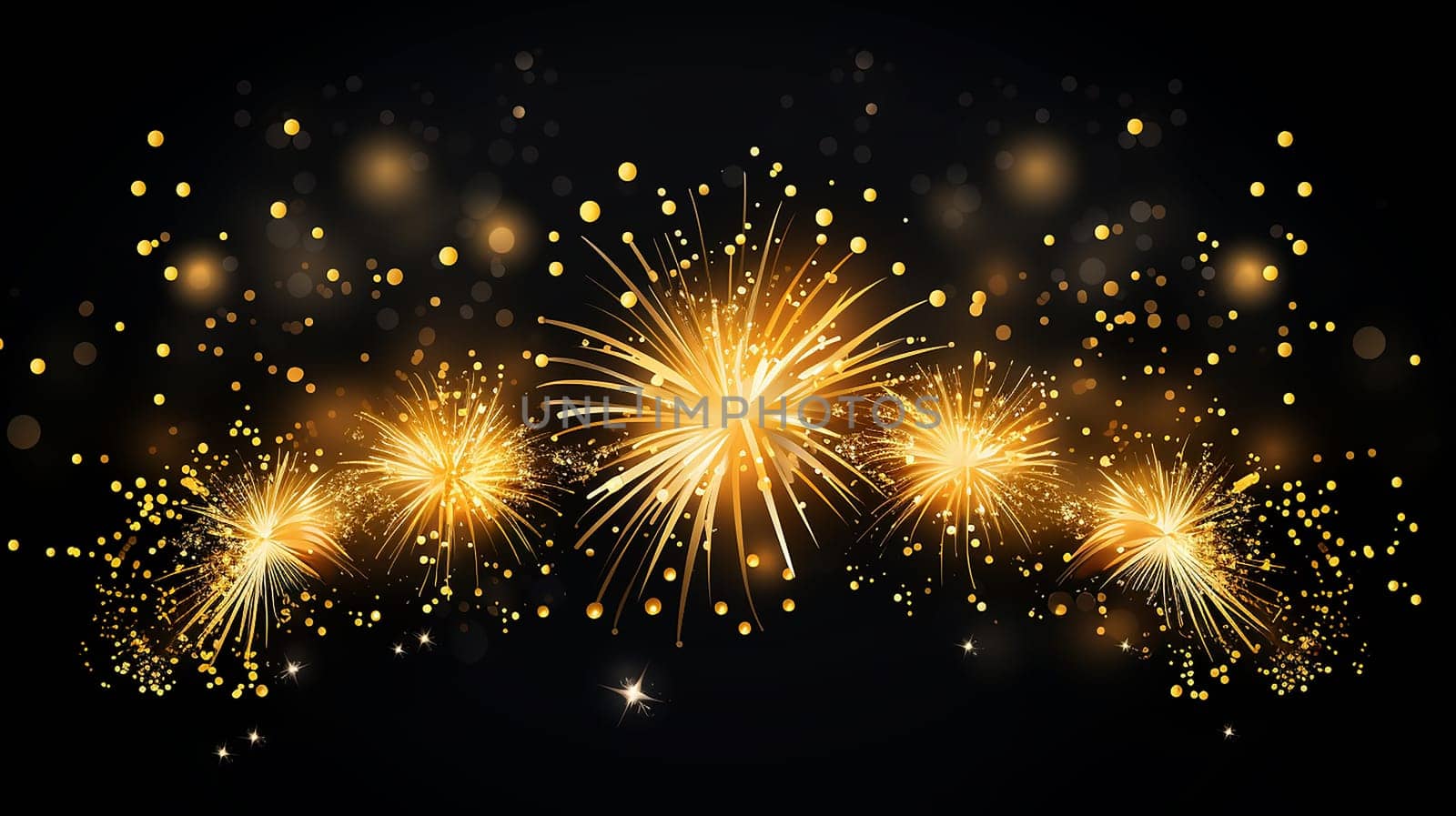 A vibrant display of golden fireworks lighting up the night sky, creating a dazzling and festive atmosphere against a black background.