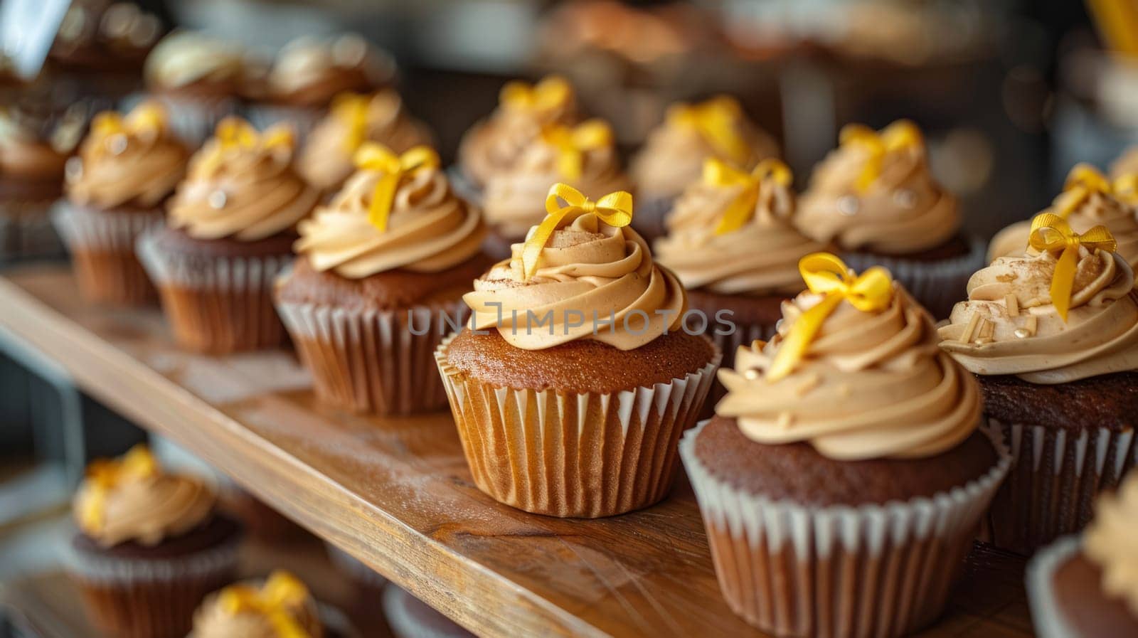 Cupcakes with a gold ribbon on top are for a charity sale to help children with cancer. The golden ribbon is a symbol of the fight against pediatric oncology.