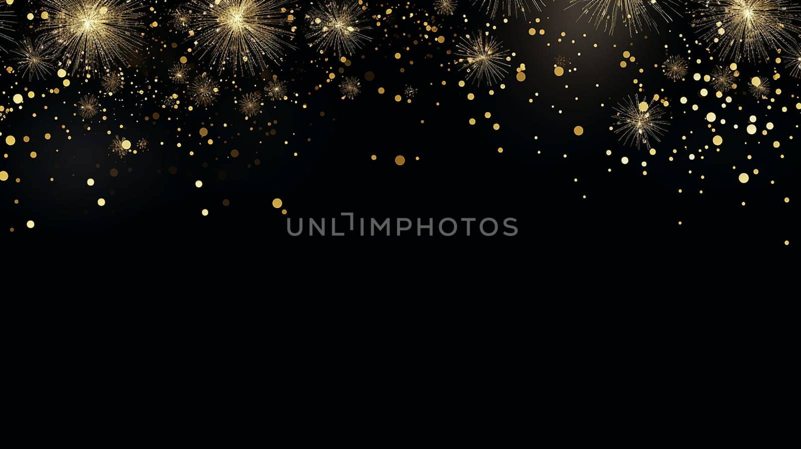 Abstract golden glitter and delicate fireworks on a black background that provides plenty of space for text and graphics