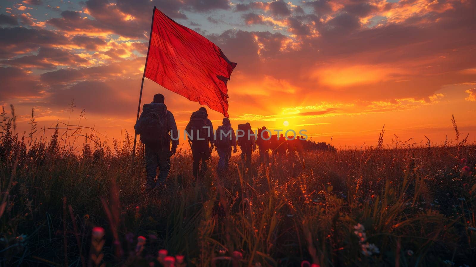 A group of people walk across a field at sunset, holding a large red flag fluttering in the wind.