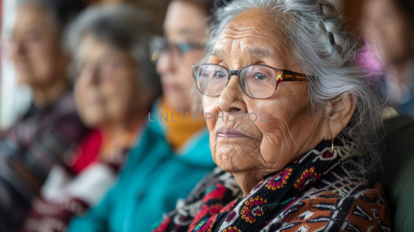 An elderly woman wearing glasses with a thoughtful expression in a moment of quiet reflection, sitting among other elderly people.