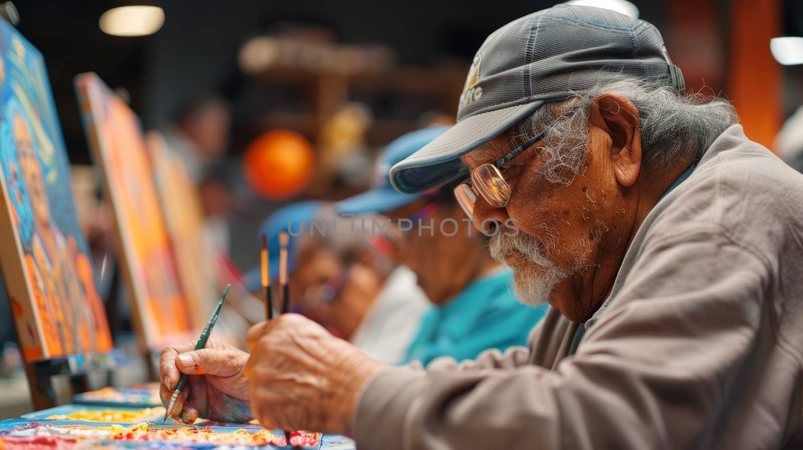 art therapy sessions for people with Alzheimer's disease, where participants create colorful paintings.