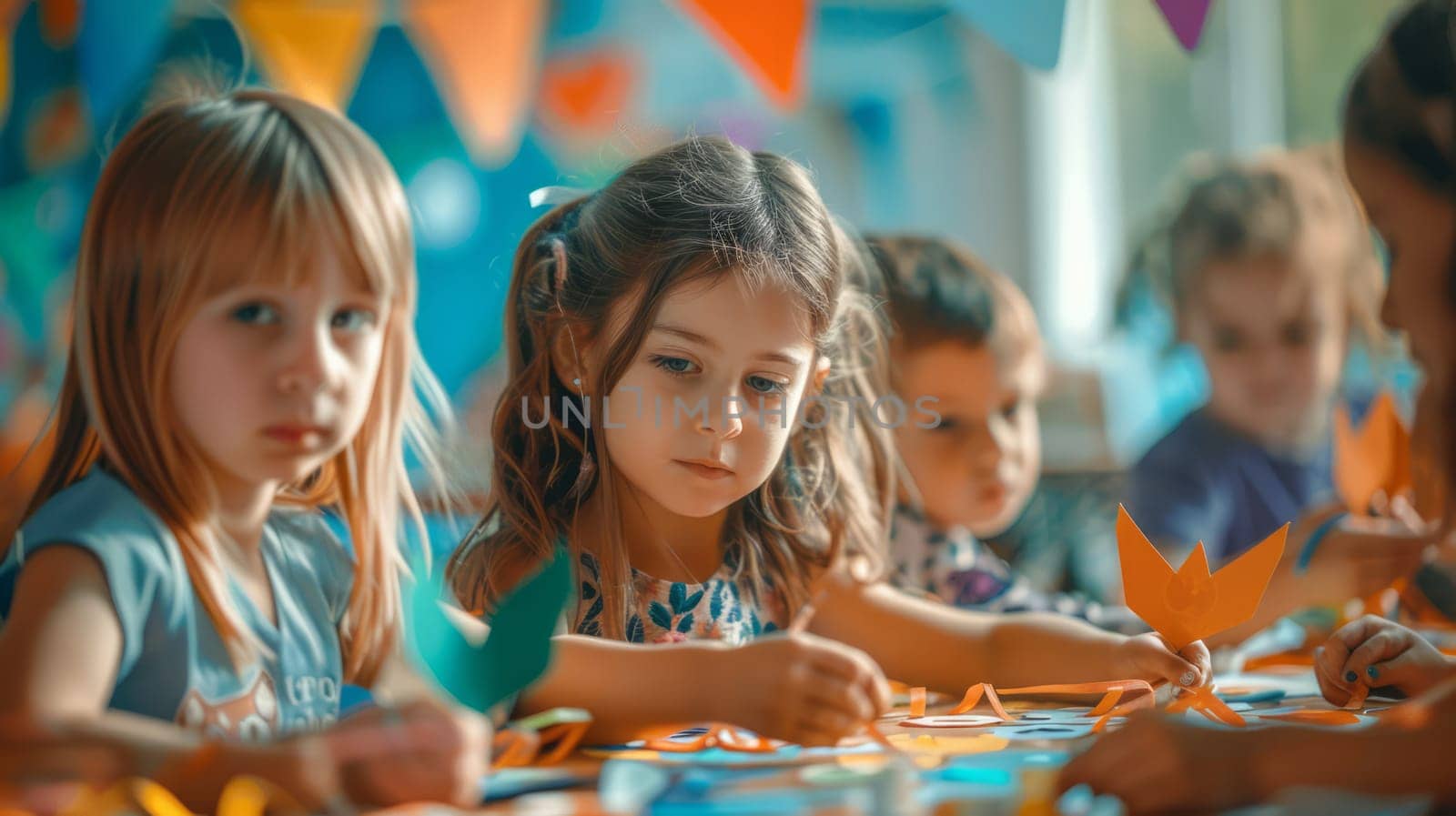 Children at school create paper crafts in a bright and fun environment.