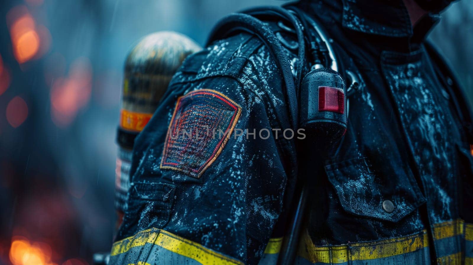 Close-up of Firefighter Uniform with Patch Mockup, Bravery and Self-Sacrifice