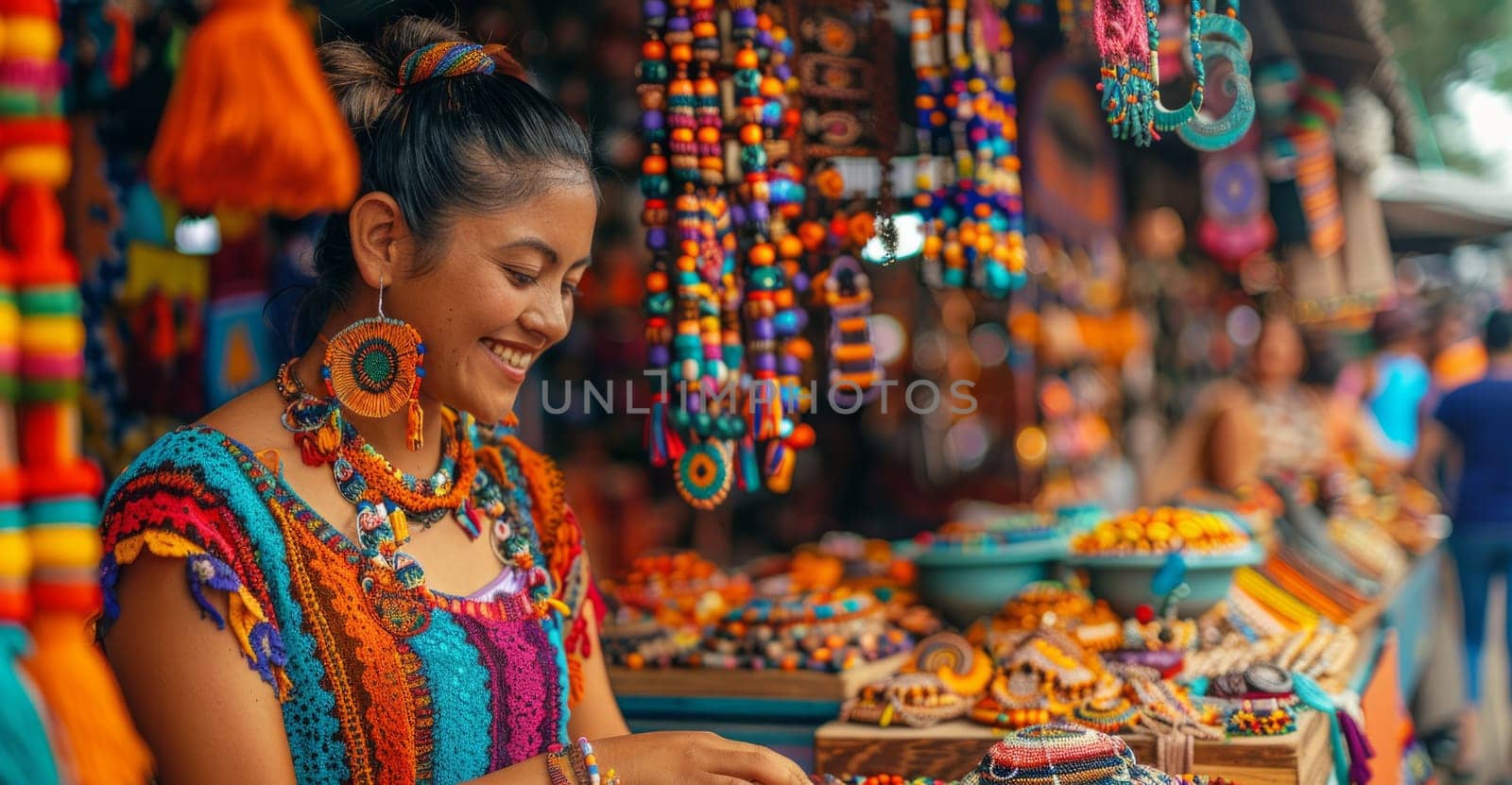 A woman smiles as she shows off her colorful handmade jewelry at a busy market stall filled with colorful beads and intricate patterns.