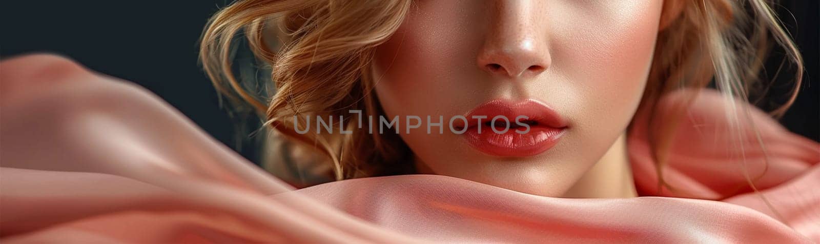 Close-up of a woman's lips with glossy red lipstick surrounded by flowing peach fabric, elegance and sophistication.