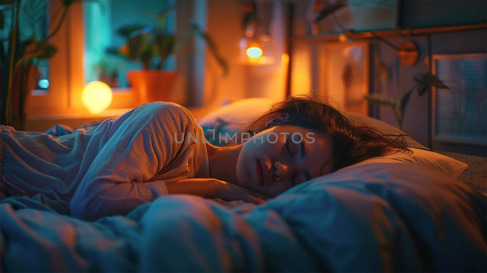 A woman sleeps peacefully in a warmly lit bedroom, surrounded by soft light and a cozy atmosphere