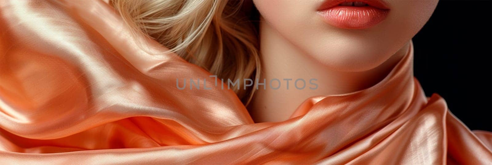 Close-up of glossy female lips with flowing peach fabric, elegance and sophistication