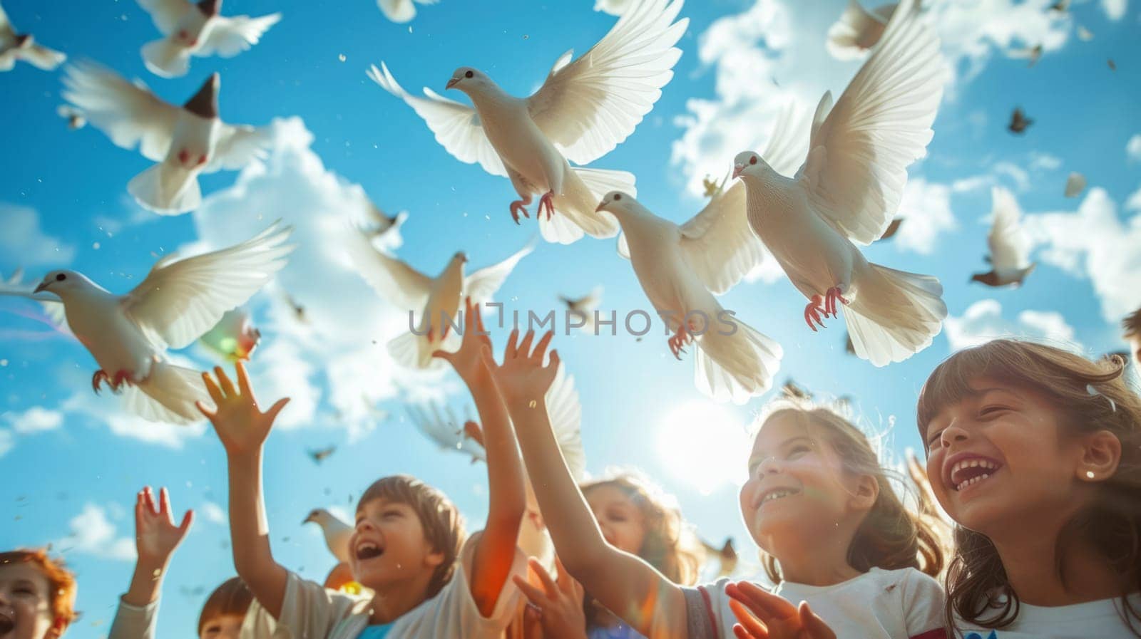 Children happily release white doves into the sky, symbolizing peace and freedom.