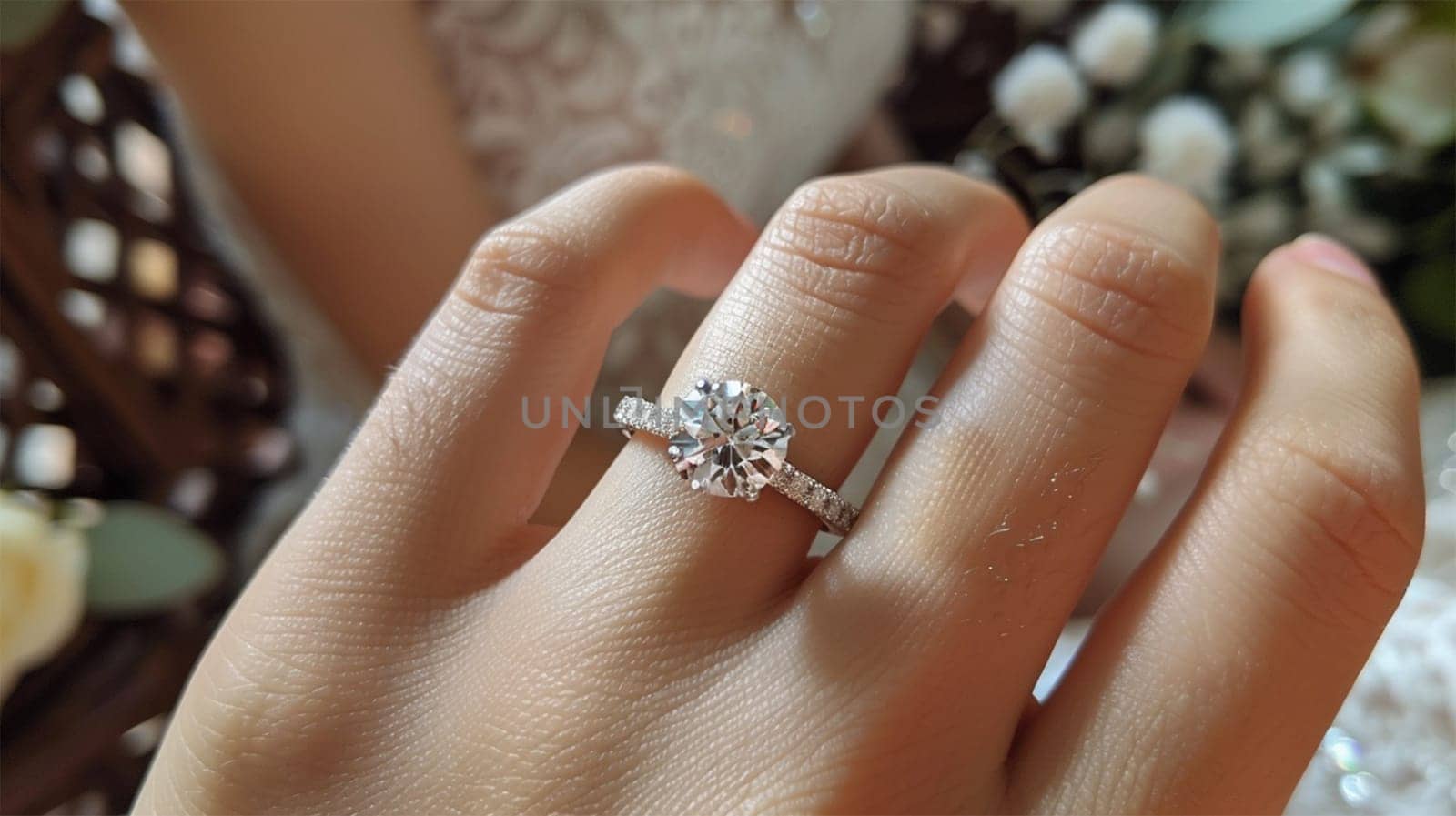 Sparkling diamond wedding ring on a woman's finger, on the background of a dress and bouquet
