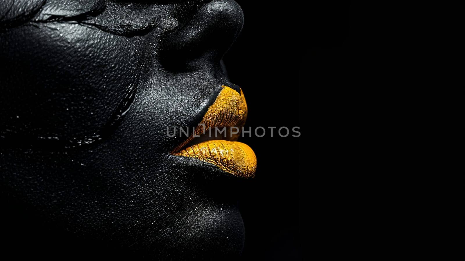 A striking close-up of textured black-painted skin with vibrant yellow lips, set against a black background for a dramatic effect.