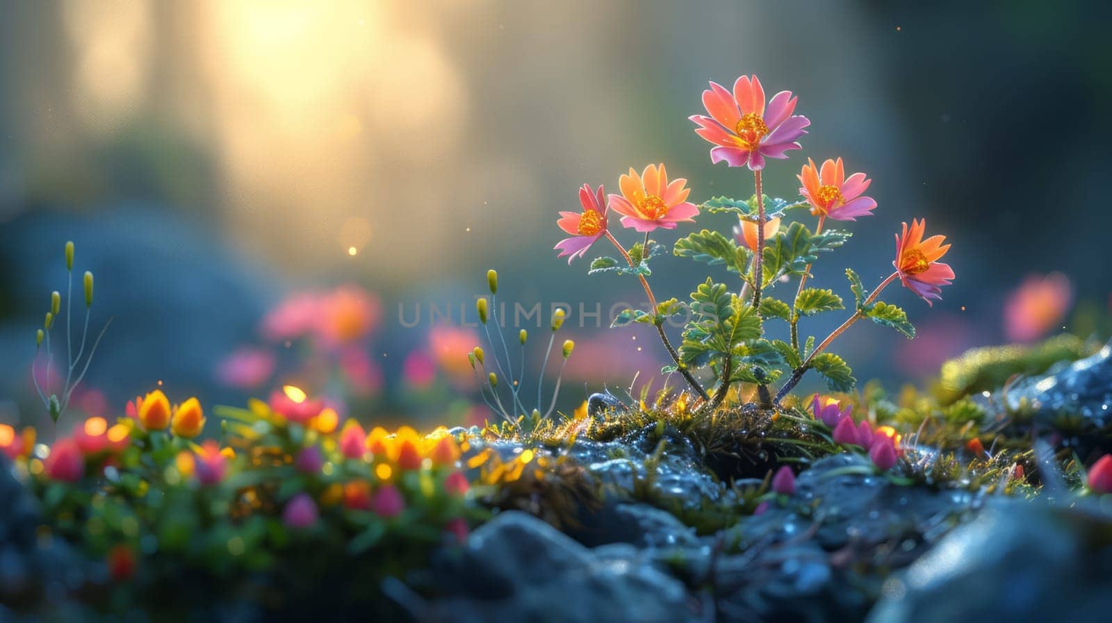 Small pink flowers on forest background outdoors. Light air, free space.
