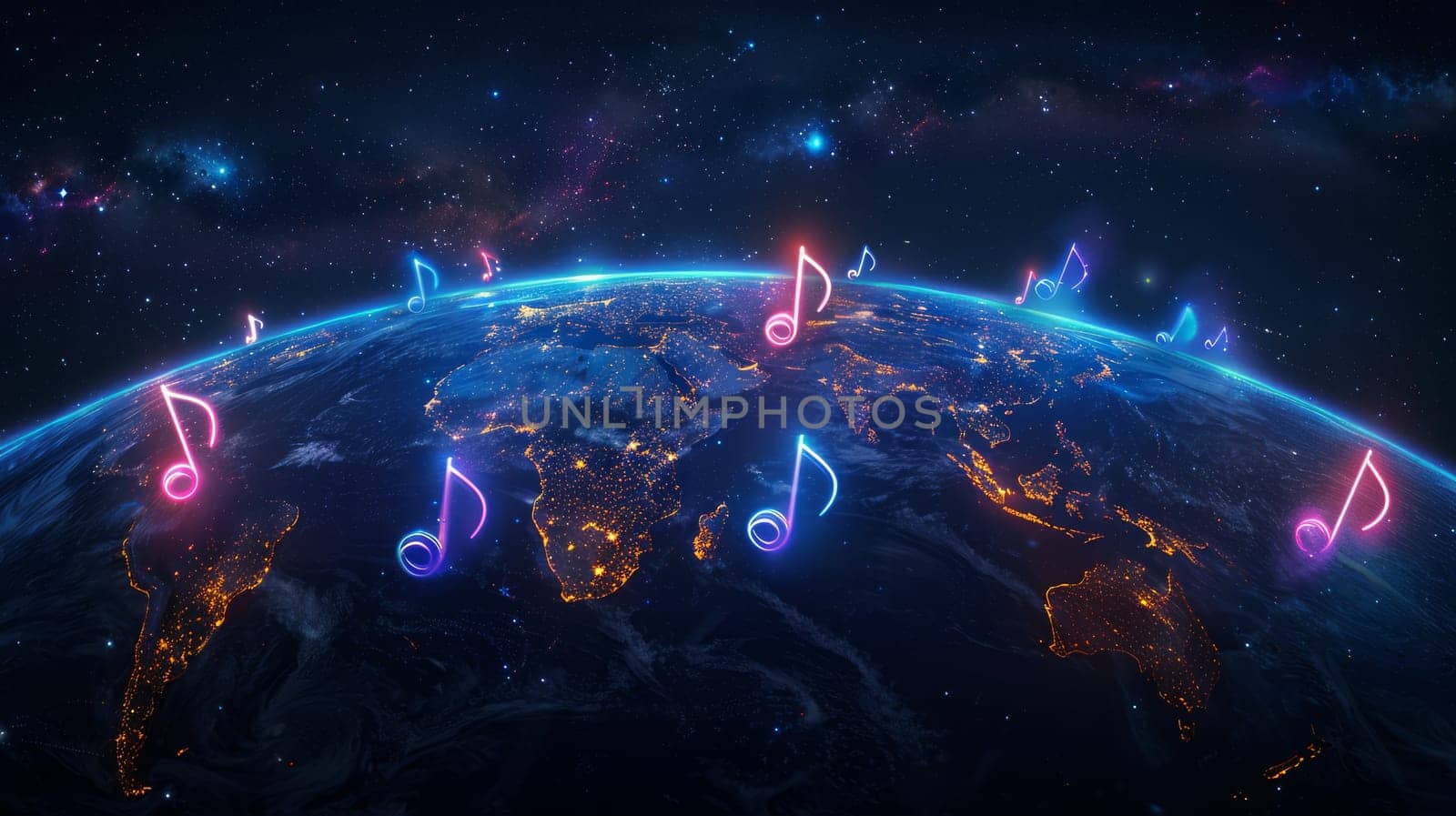 Globe of the Earth with musical multi-colored notes around.View of the planet Earth in space, in the orbit of which there is a glowing musical note