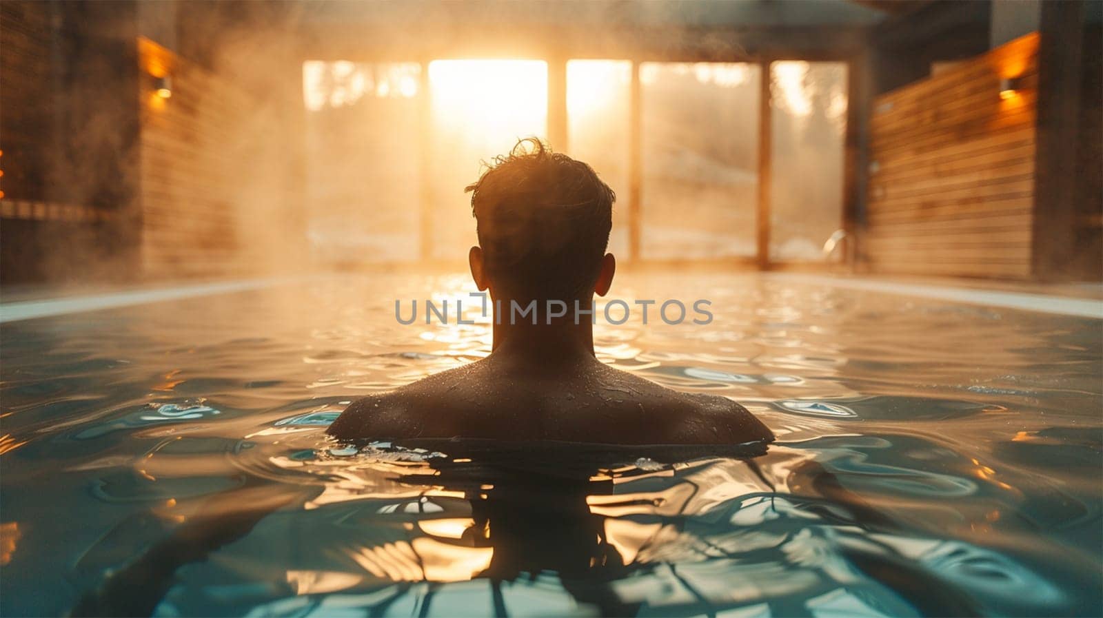 Man in indoor pool with large windows, spa concept and self-care
