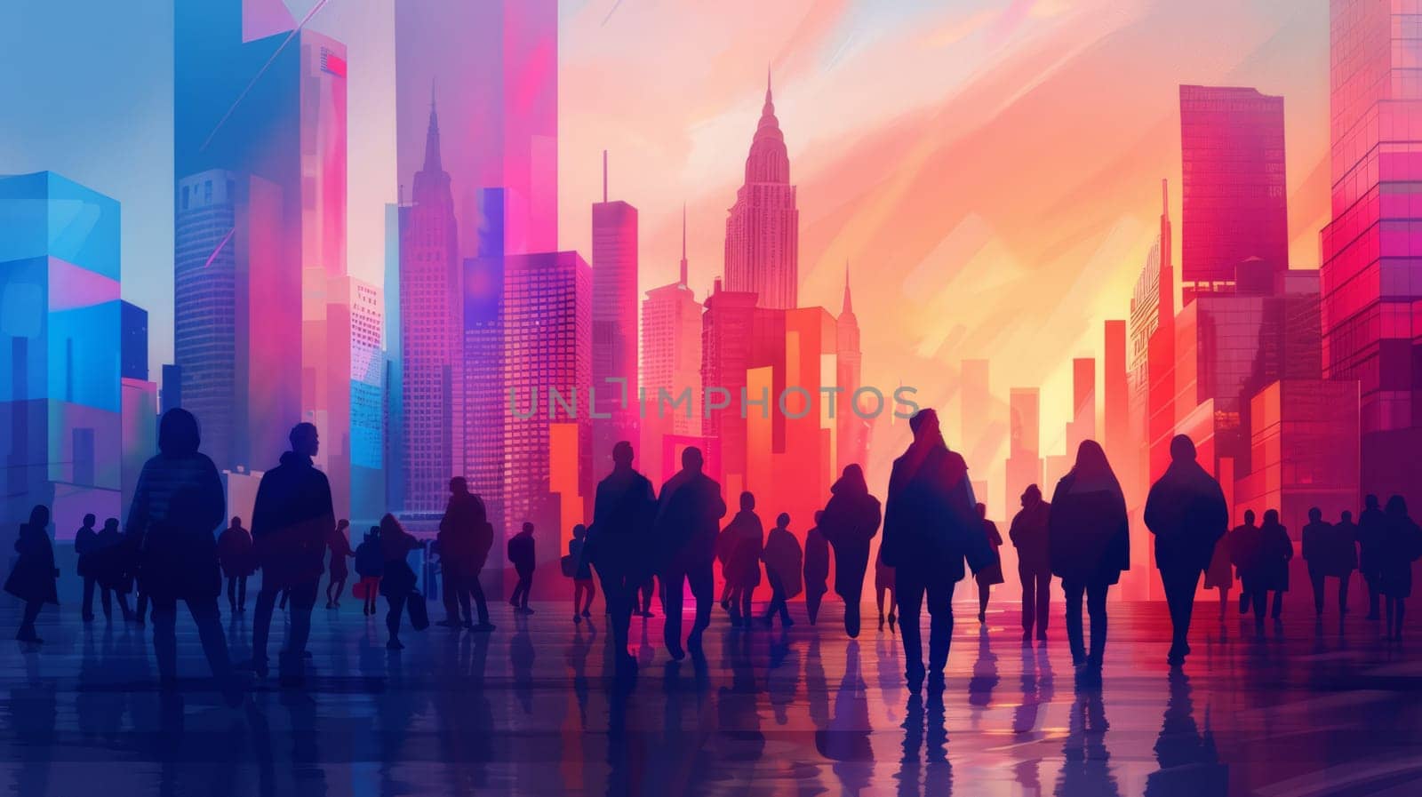 Silhouette of a crowd walking through a city with a bright, colorful skyline at sunset. Abstract and modern design, energy and dynamism of city life. Copy space