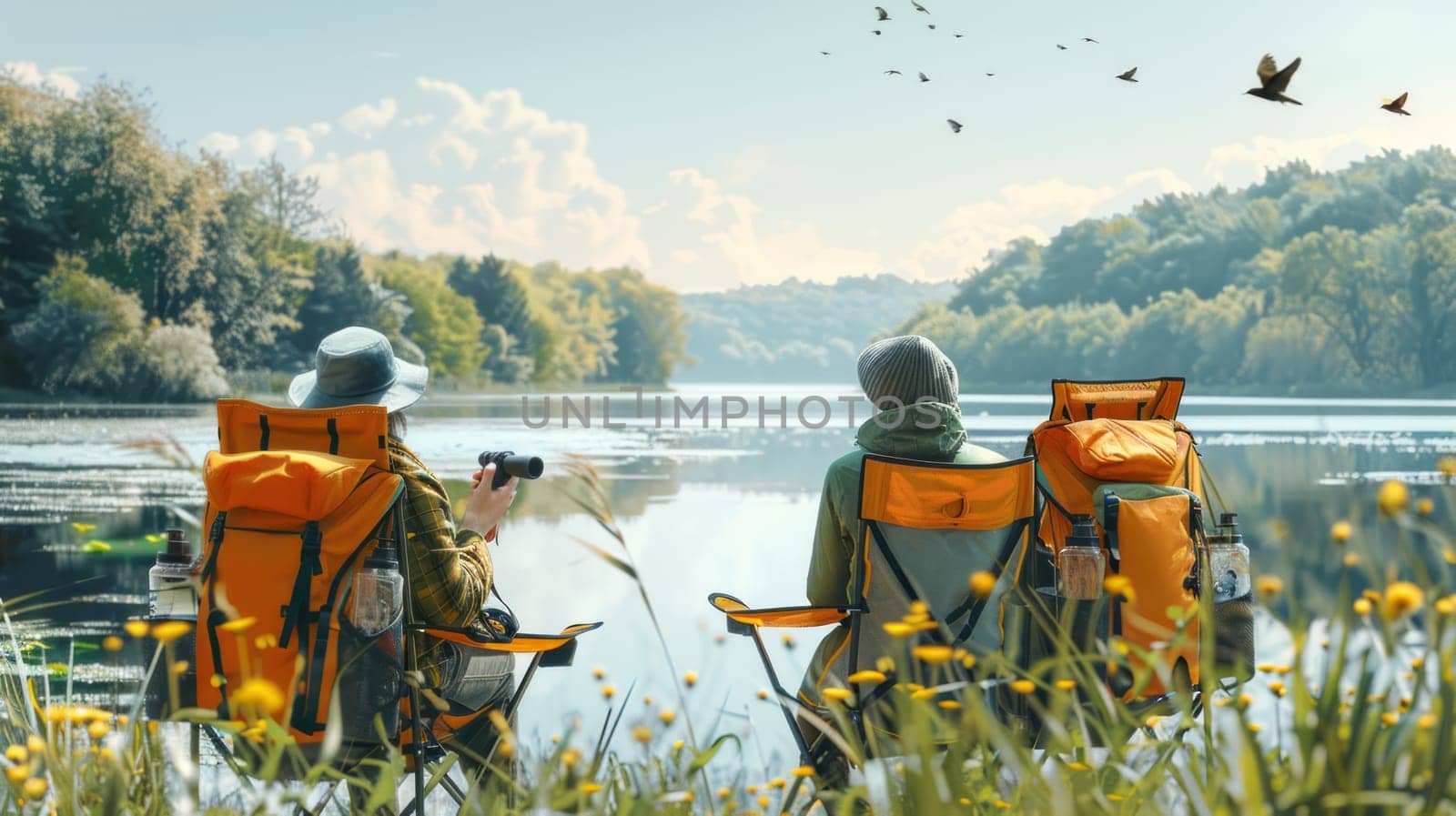 Wildlife watching. Two people sitting on folding chairs with binoculars watching birds in a national park or nature reserve.