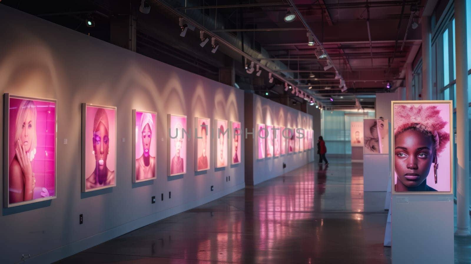 : Contemporary art gallery with bright and colorful portraits on display on well-lit walls. A long hallway leads to a distant figure