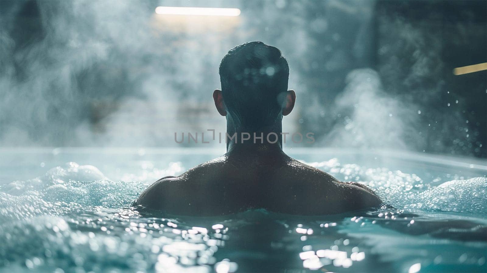 A man in an indoor pool with thermal waters, a serene and peaceful atmosphere in the spa.